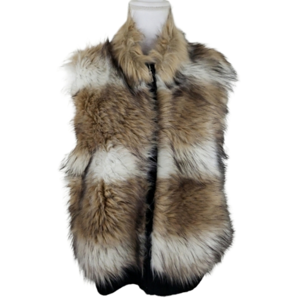 Leo & Nicole~Woman Sizr PXL~Black/Brown Faux Fur Sweater Vest Sleeveless Zip-Up.
